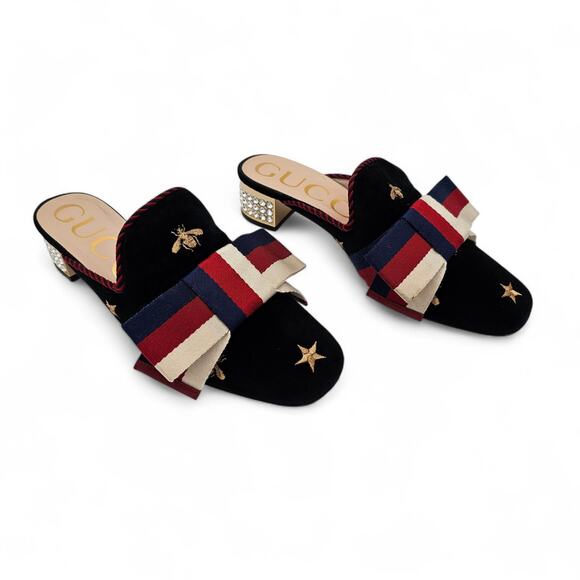 Gucci Sylvie Mule Slipper Black Velvet Star Web Stripe Bow Size 36.5 US 6.5 - Picture 3 of 11